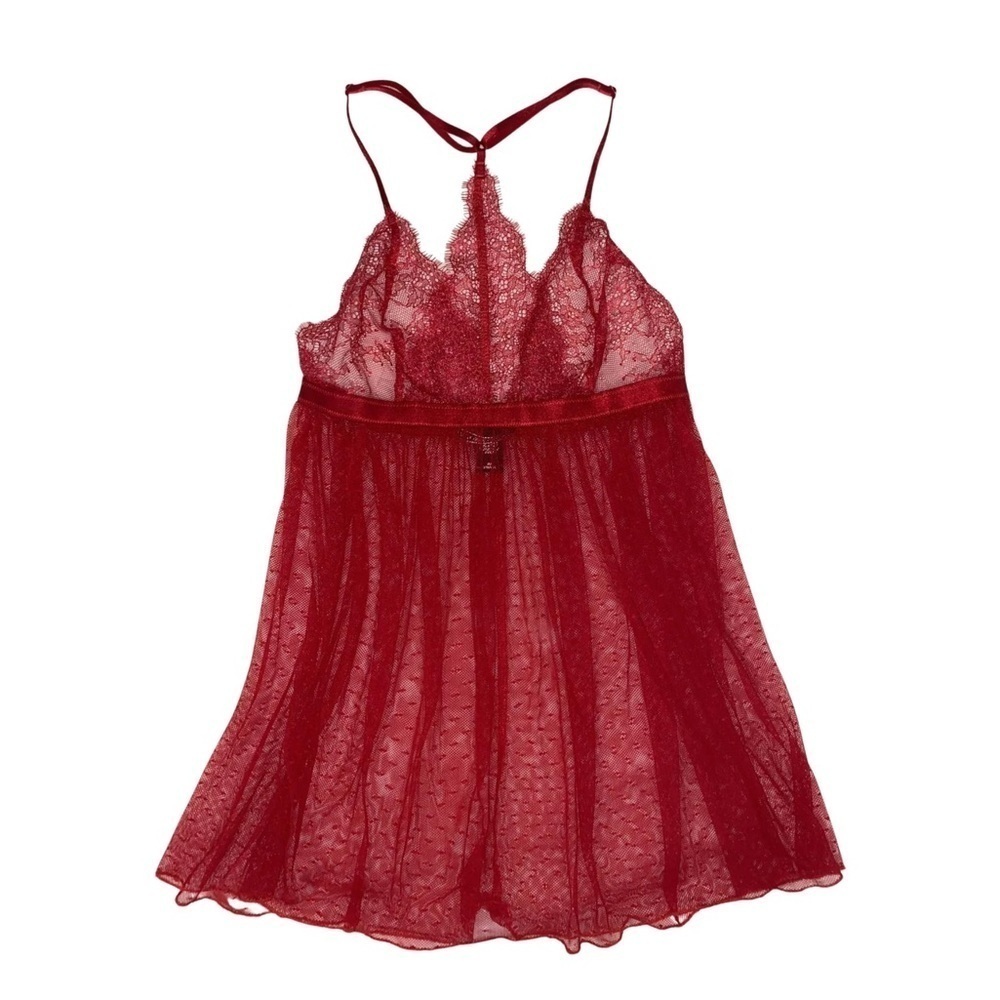 Victoria's Secret Lingerie Babydoll Slip Red Lace Dotted Mesh Plunge Size Large